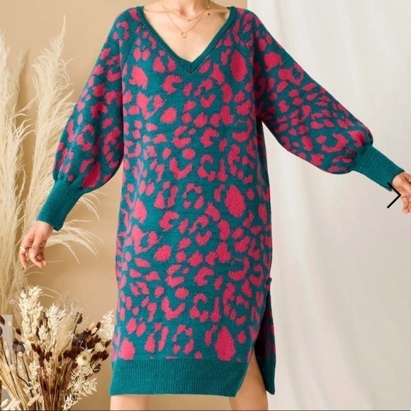 Cara & The Sky Elizabeth Animal Midi Knitted Dress Teal Size Small - Picture 5 of 9